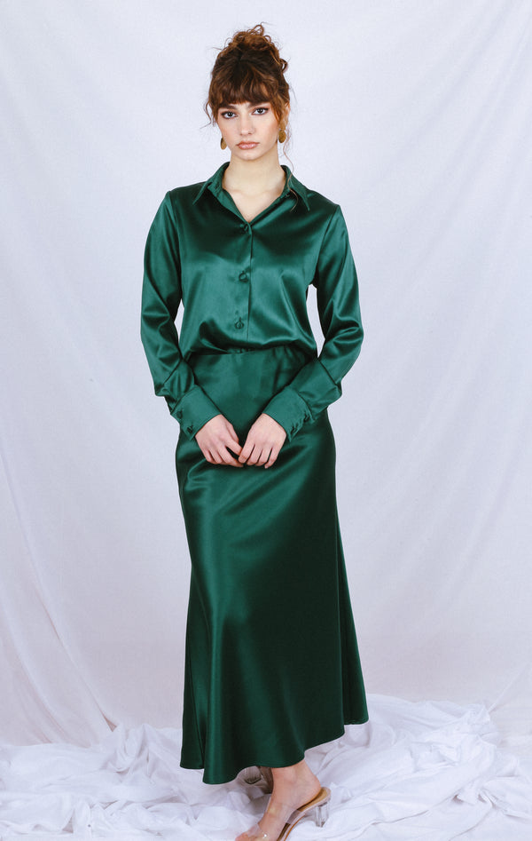 Satin Shirt and skirt CO-ORD - Emerald Green