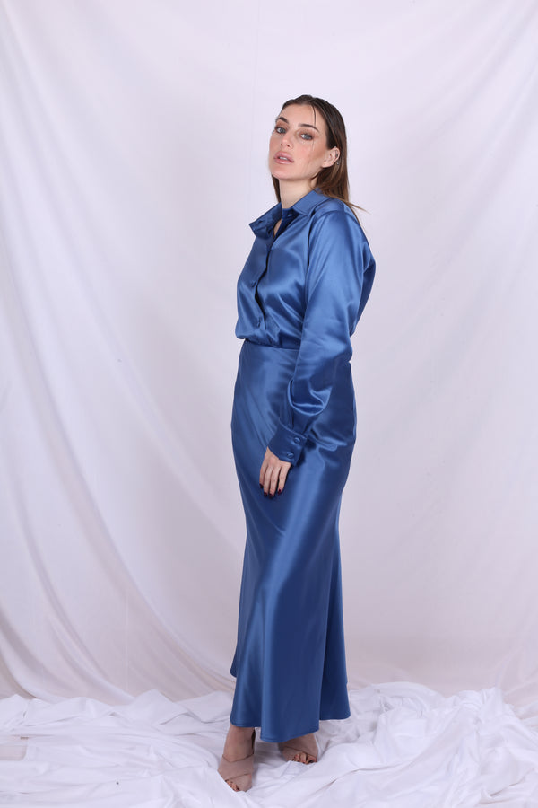Satin Shirt and skirt CO-ORD - Electric Blue
