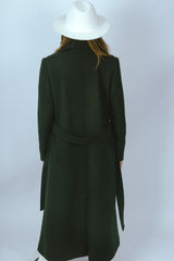 Wool Blend Double-breasted Long Coat - Dark Green