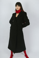 Wool Blend Double-breasted Long Coat - Black